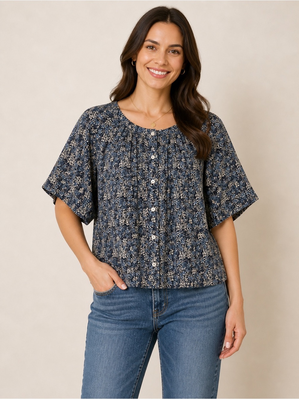 Karen Kane Navy and Cream Floral Blouse